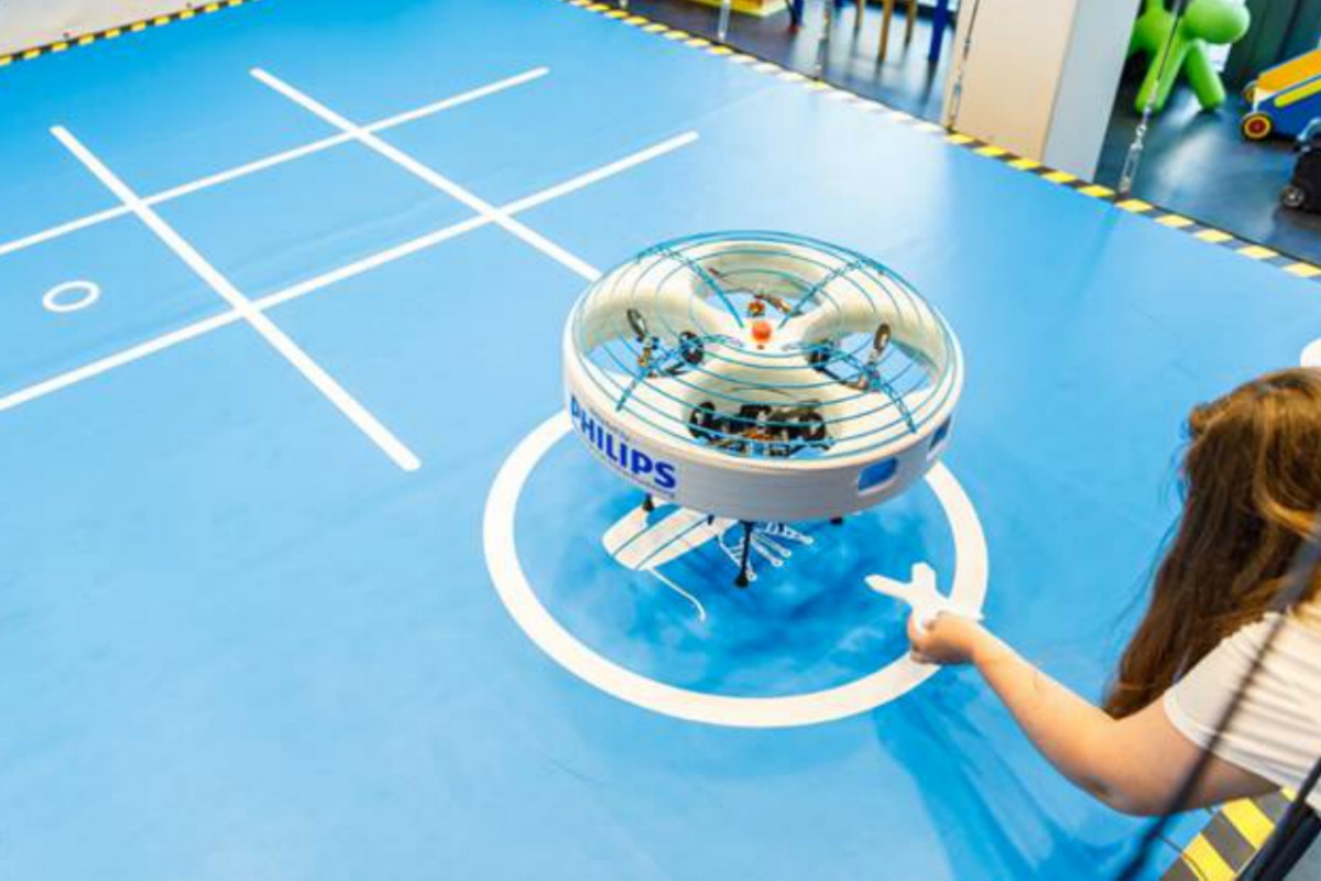 Children were able to communicate with the drone to play a life-sized game of tic-tac-toe