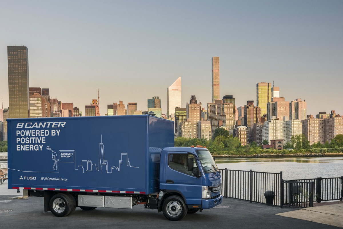The Fuso eCanter all-electric truck at its launch in New York city