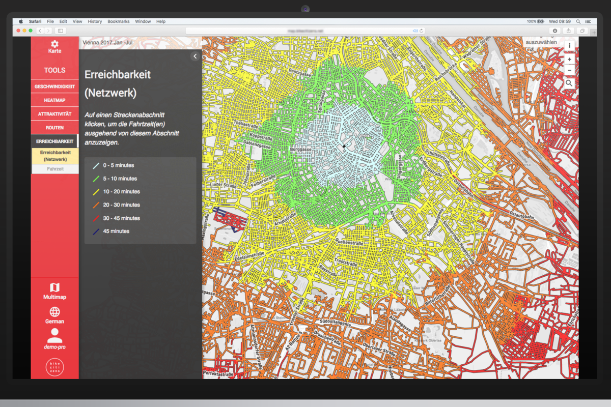 Bike Citizens visualises bicycle traffic intensity as well as bike traffic trends
