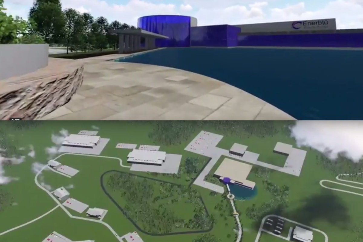A split-screen rendering of EnerBlu's new manufacturing facility in Pikeville