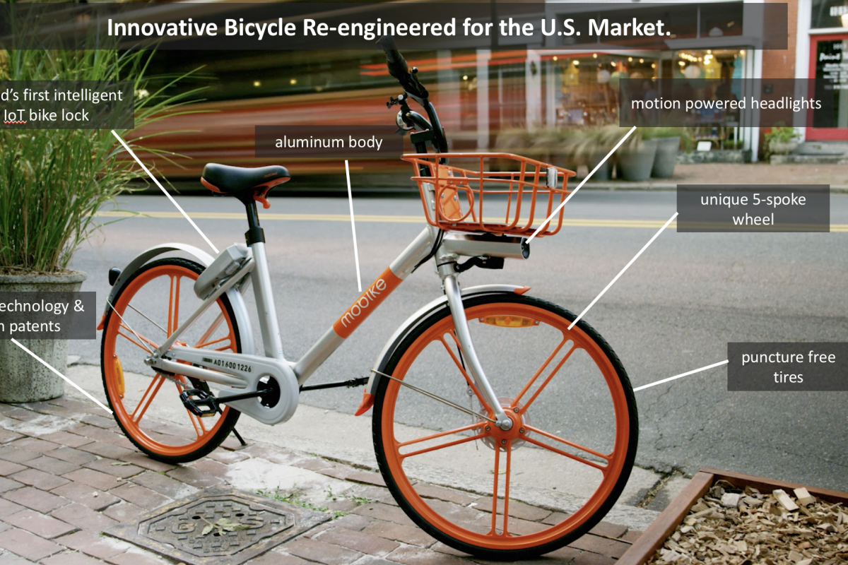 Mobike’s silver and orange dockless bike, equipped with smart-lock technology