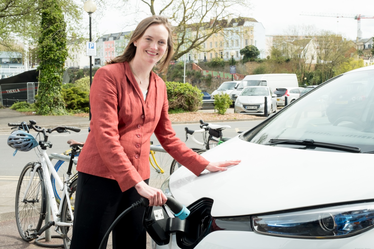 Angela Terry with the Renault Zoe electric car. Photograph: Jon Craig
