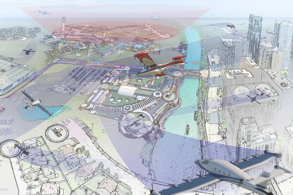 Artist's impression of the urban airspace. Image courtesy NASA/Advanced Concepts Laboratory
