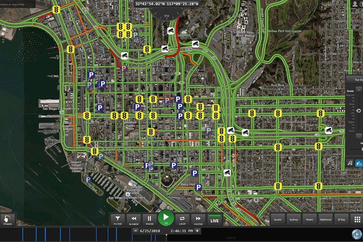 Smart parking and traffic signals and live traffic flow visualised on Live Earth