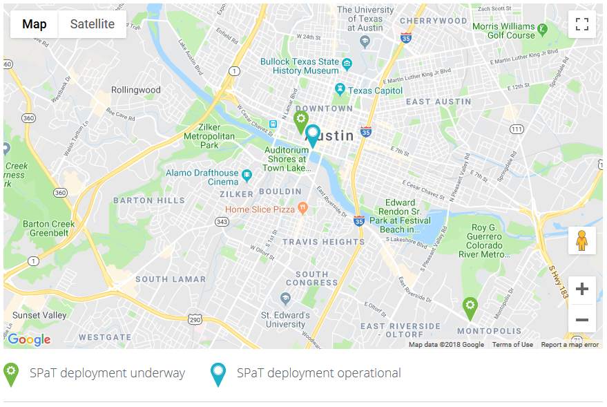 Map shows where SPaT deployments are operational and underway in Austin