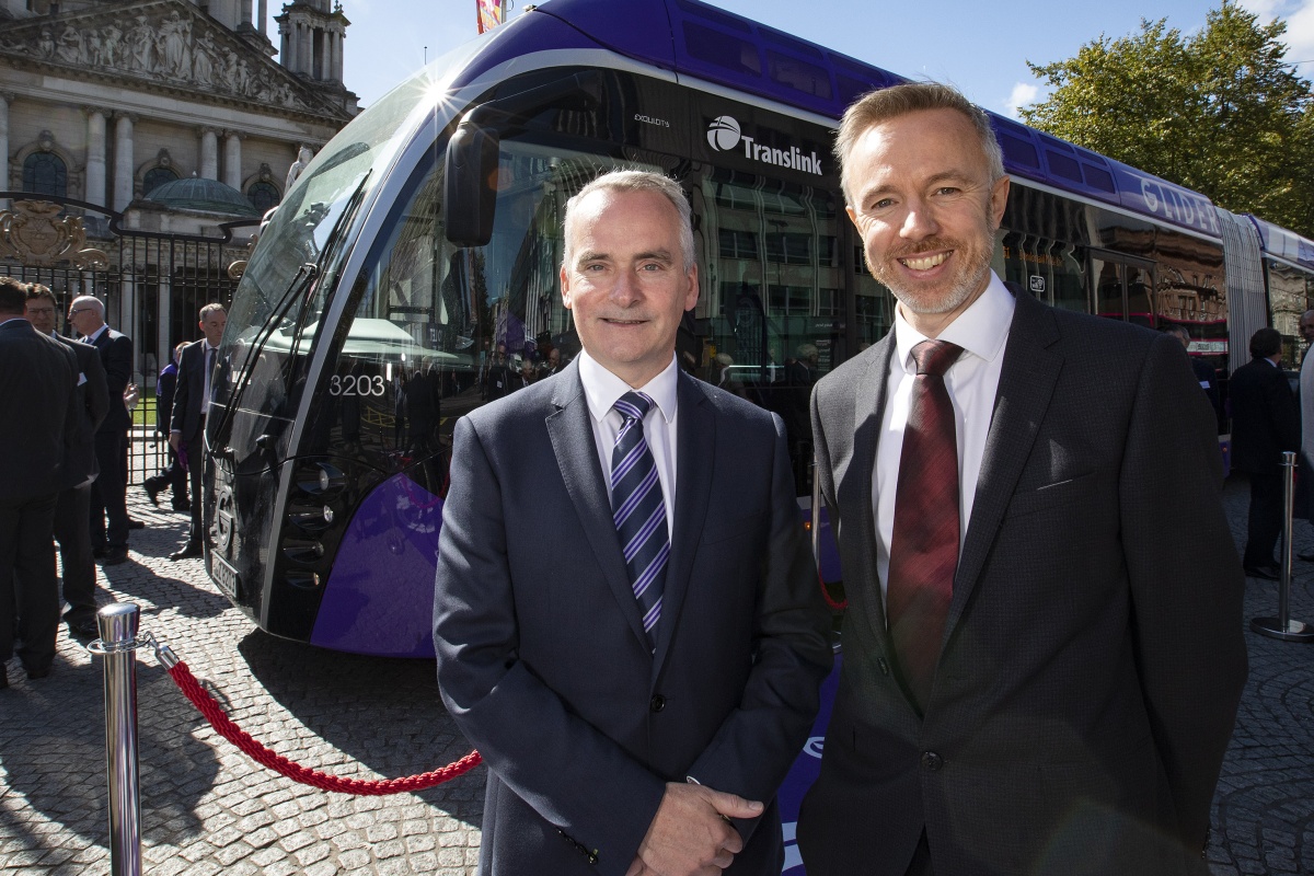 Translink's Chris Conway (left) and Owen Griffith of Flowbird at the launch