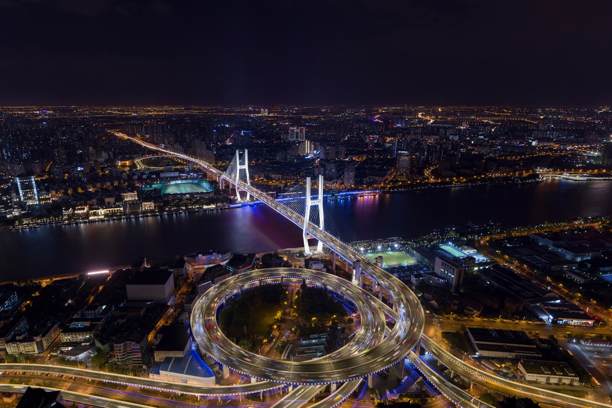 Nanpu Bridge is one of the Shanghai bridges illuminated by the Signify connected lighting system