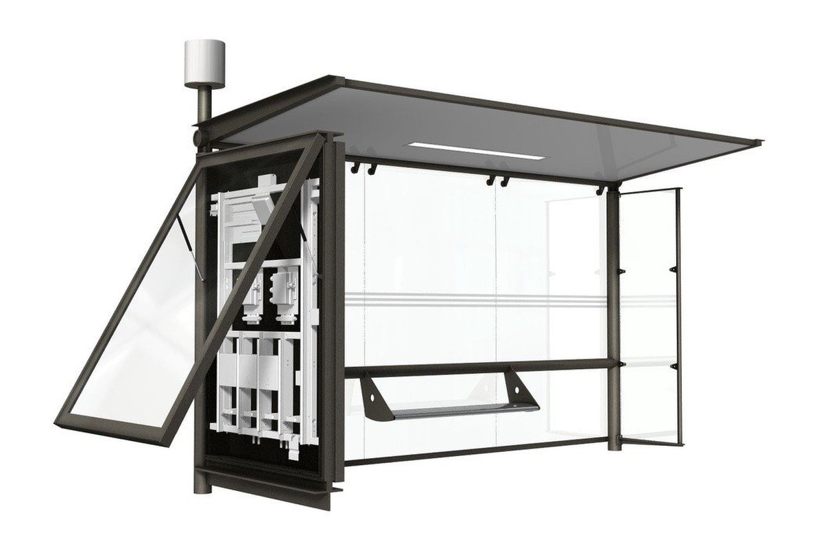 Illustration of a bus shelter with integrated small cell connectivity