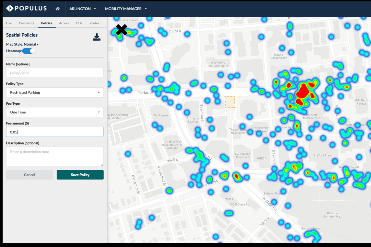 A heatmap of Arlington produced by the Populus mobility data platform