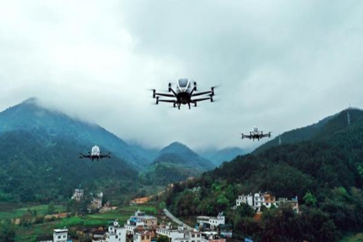 Demonstration of three passenger-grade AAVs EHang 216 taking off simultaneously