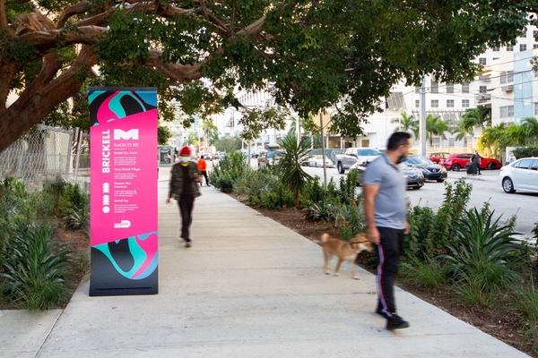 The solar-powered digital Soofa Signs located near the Metromover Brickell Station