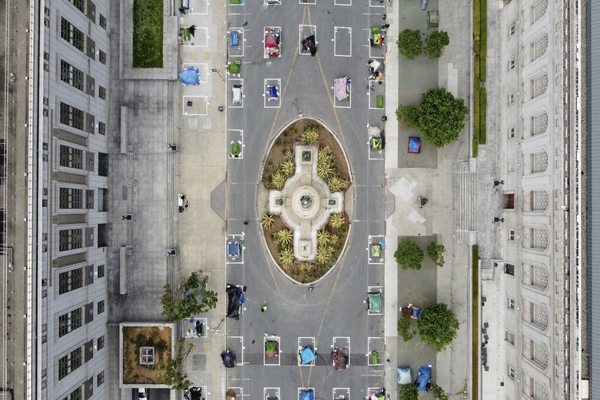 Aerial view of a homeless camp on Fulton Street in San Francisco