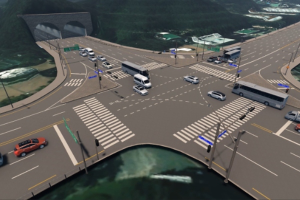 The virtual reality simulator reflects differing road, traffic, and weather conditions 