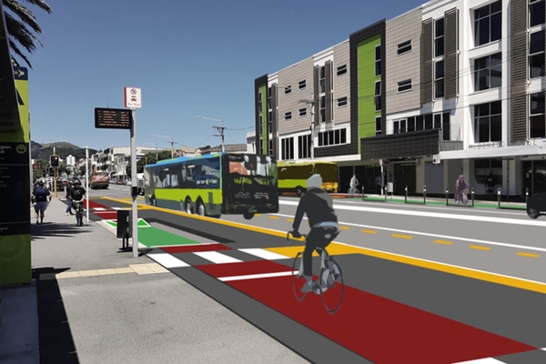 Artist's impression of the shared bus and bike lane platforms in Newtown