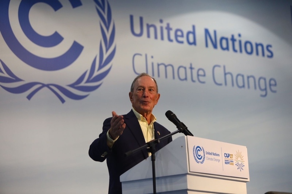 Michael Bloomberg, co-chair of America Is All In and UN special envoy on climate ambition and solutions, speaking at Cop27. Photo: Ahmed Mahmoud