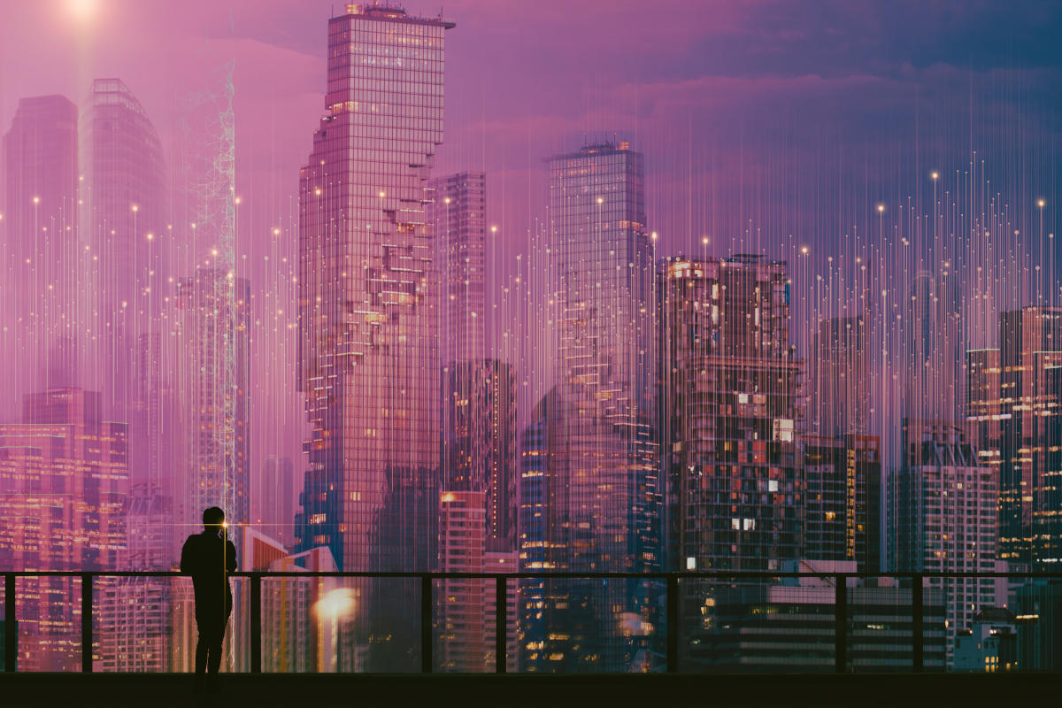 AI city concept of a man looking out into a cityscape