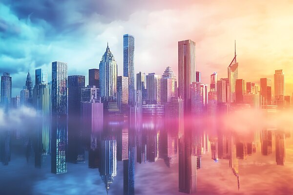 city skyline in the metaverse smart cities Adobe