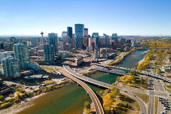 Downtown Calgary aerial with river smart cities Adobe