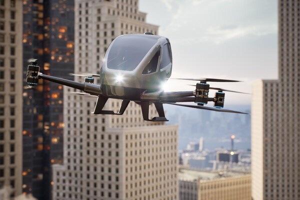 3D rendering of a flying taxi smart cities 3D rendering of a flying taxi smart cities