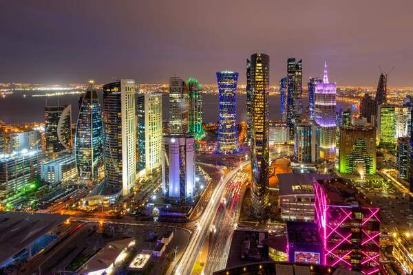 aerial of Doha financial quarter at night smart cities Adobe