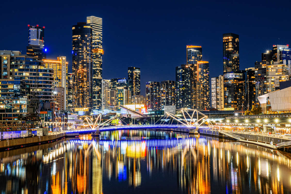 Melbourne cityscape skyline at night shot from the Yarra River Melbourne cityscape skyline at night shot from the Yarra River